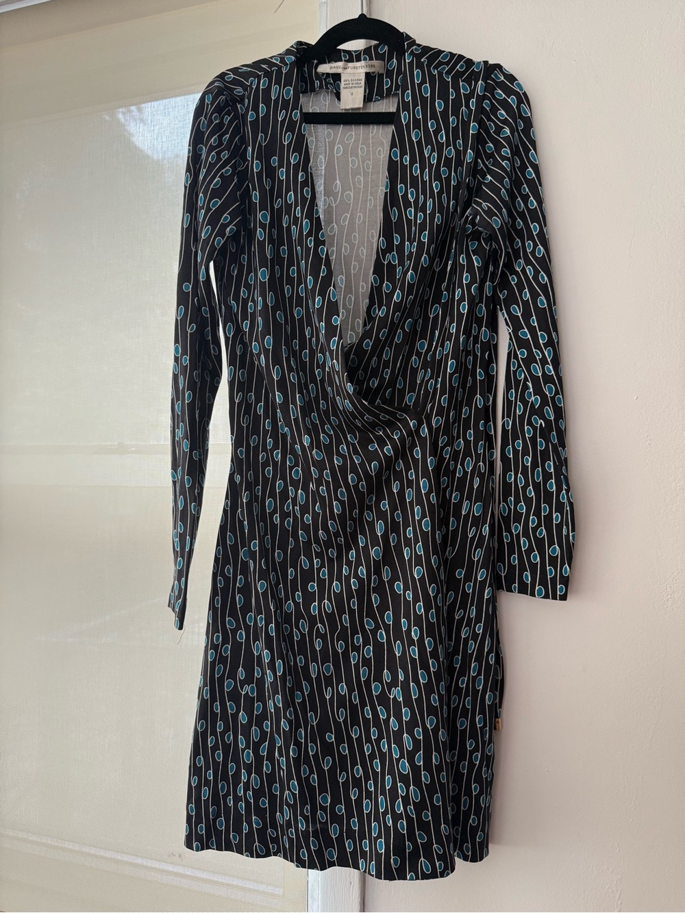 Diane Von Furstenberg Black Dress with Teal Loop Print